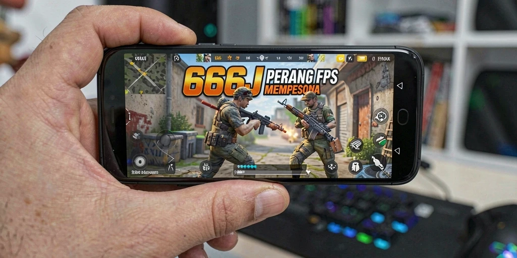 Screenshot utama 666J menunjukkan aksi intens dalam gameplay FPS.