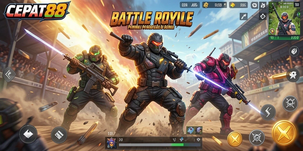 Tampilan aksi seru dalam gameplay CEPAT88 di arena Battle Royale.