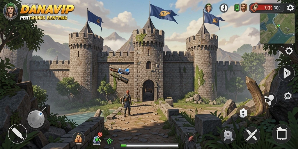 Tampilan gameplay menegangkan di DANAVIP dengan menara dan musuh yang beragam.