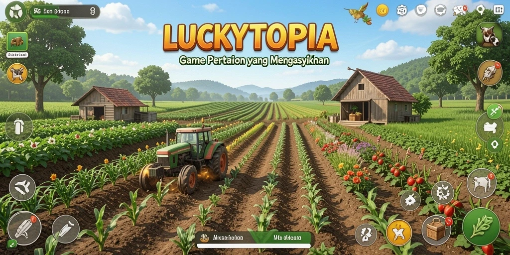 Screenshot gameplay LUCKYTOPIA menunjukkan pengalaman bersawah yang seru dan penuh warna.