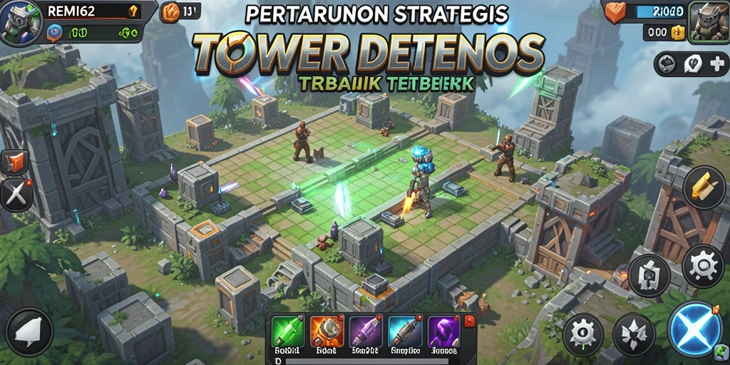 Screenshot gameplay REMI62 menampilkan pertempuran Tower Defense yang intens.